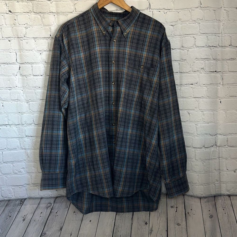 Cabelas Mens Long Sleeve Gray Blue‎ Plaid Button Front Shirt size L Tall